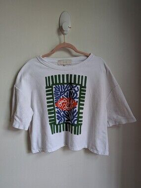 TINSELS French White Graphic Cropped Oversized Bohemian T-shirt Size Extra-Small